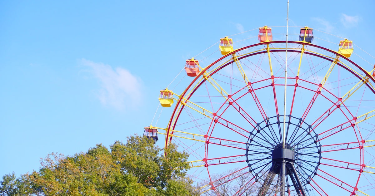 A large Ferris wheel with blue, yellow, and red gondolas. There is a tree covering part of the wheel in the foreground.
