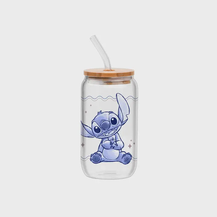Stitch Blue 16oz Glass Tumbler w/ Bamboo Lid