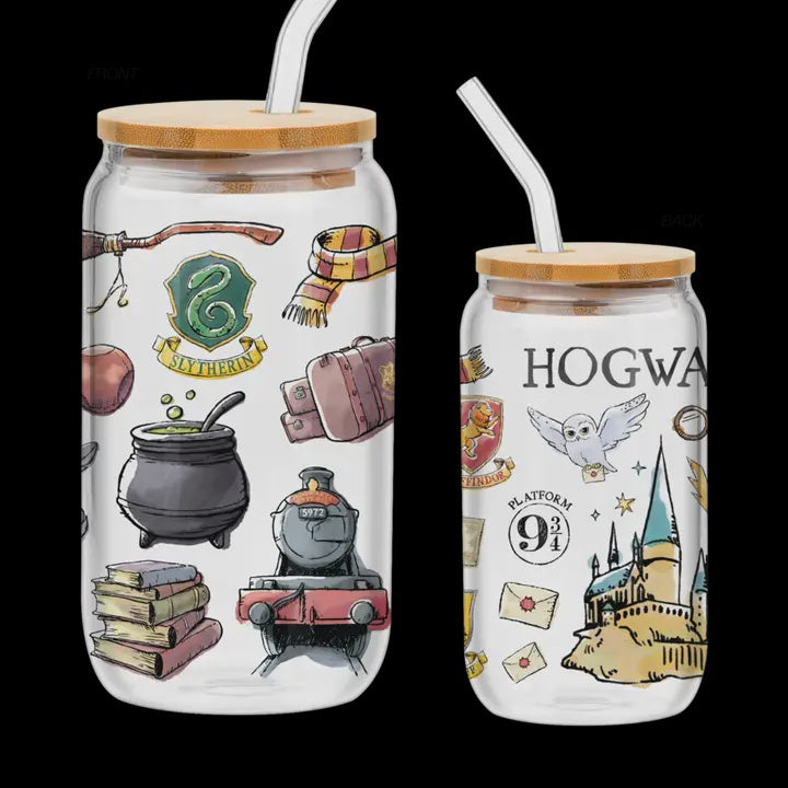 Harry Potter Hogwarts Destination 16oz Glass Tumbler w/ Bamboo Lid & Glass Straw
