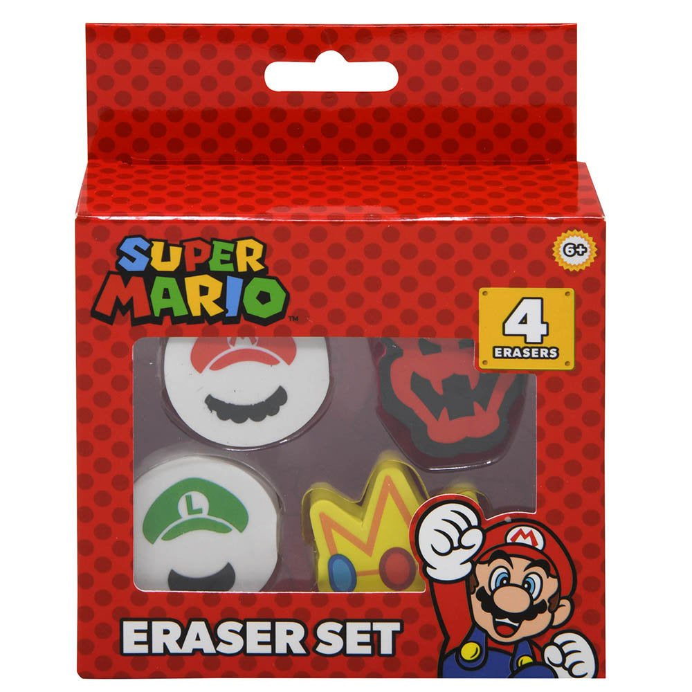 Mario 4pk Shaped Erasers in Box