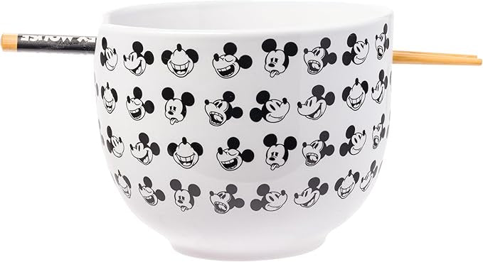 Mickey Mouse Silly Faces Pattern 20oz Ceramic Ramen Bowl with Chopsticks