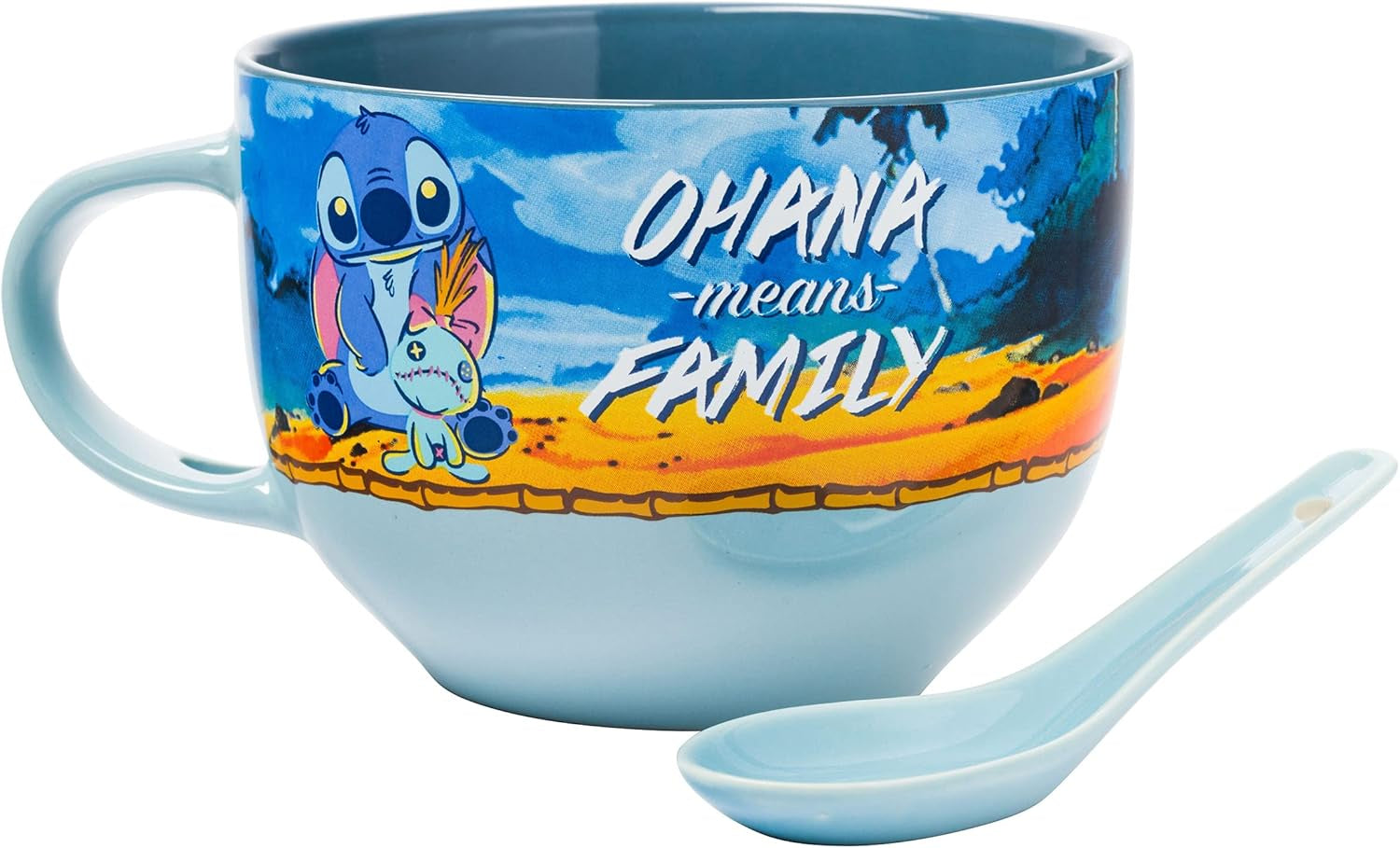 Lilo and Stitch Featuring Scrump Ohana Means Family Ceramic Soup Mug Spoon Set, 24 Ounces