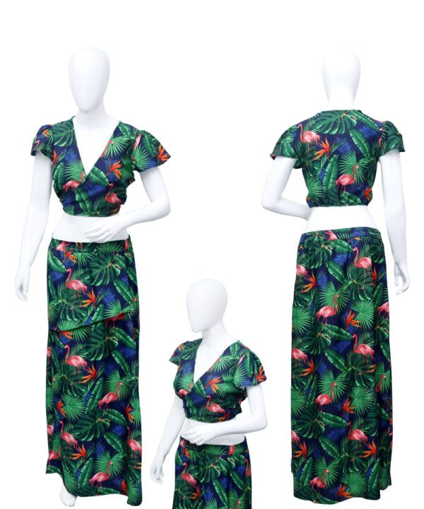 Ladies Flamingo Adjustable Crop Top and Maxi Skirt Set Assrt