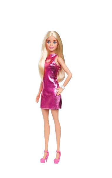 Barbie w/ Blond Hair, Wearing Metallic Pink Minidress with Heart Cut-Out