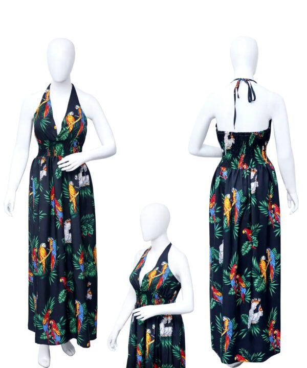 Ladies Parrot Hawaiian Dress Adjustable Waist Halter Maxi Assrt