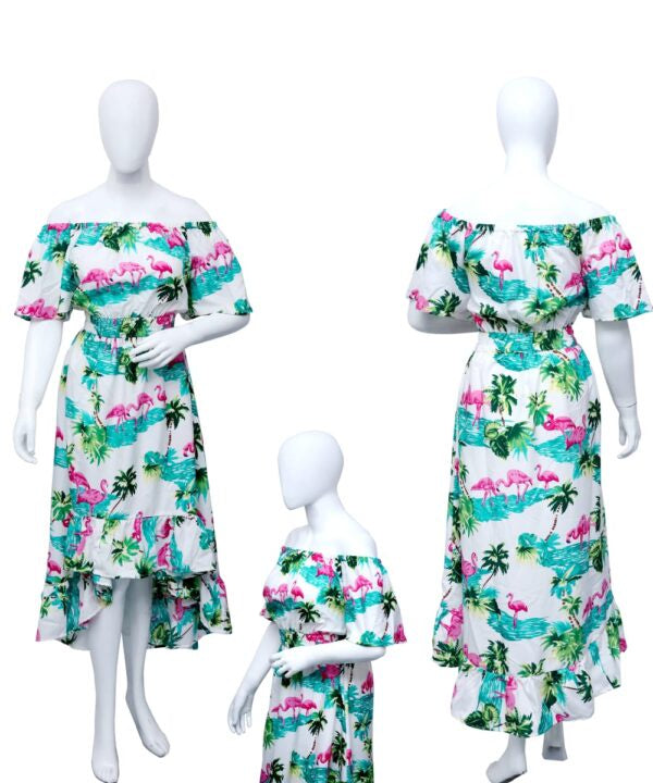 Ladies Flamingo Hawaiian Dress Off-Shoulder High/Low Assrt