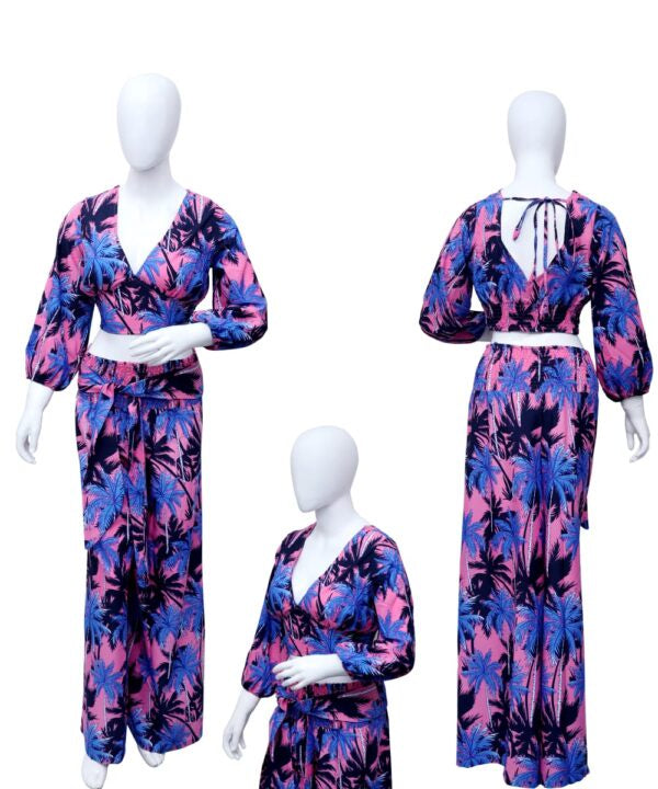 Ladies Palm Hawaiian Adjustable Crop Top and Palazzo Pant Set