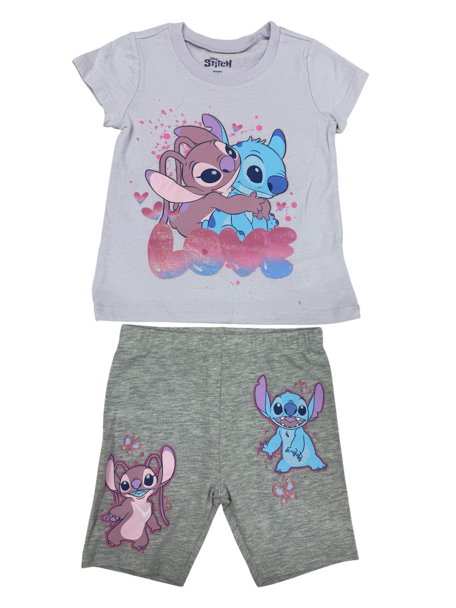 Kids Disney Stitch & Angel Purple Love Shirt & Biker Shorts Set