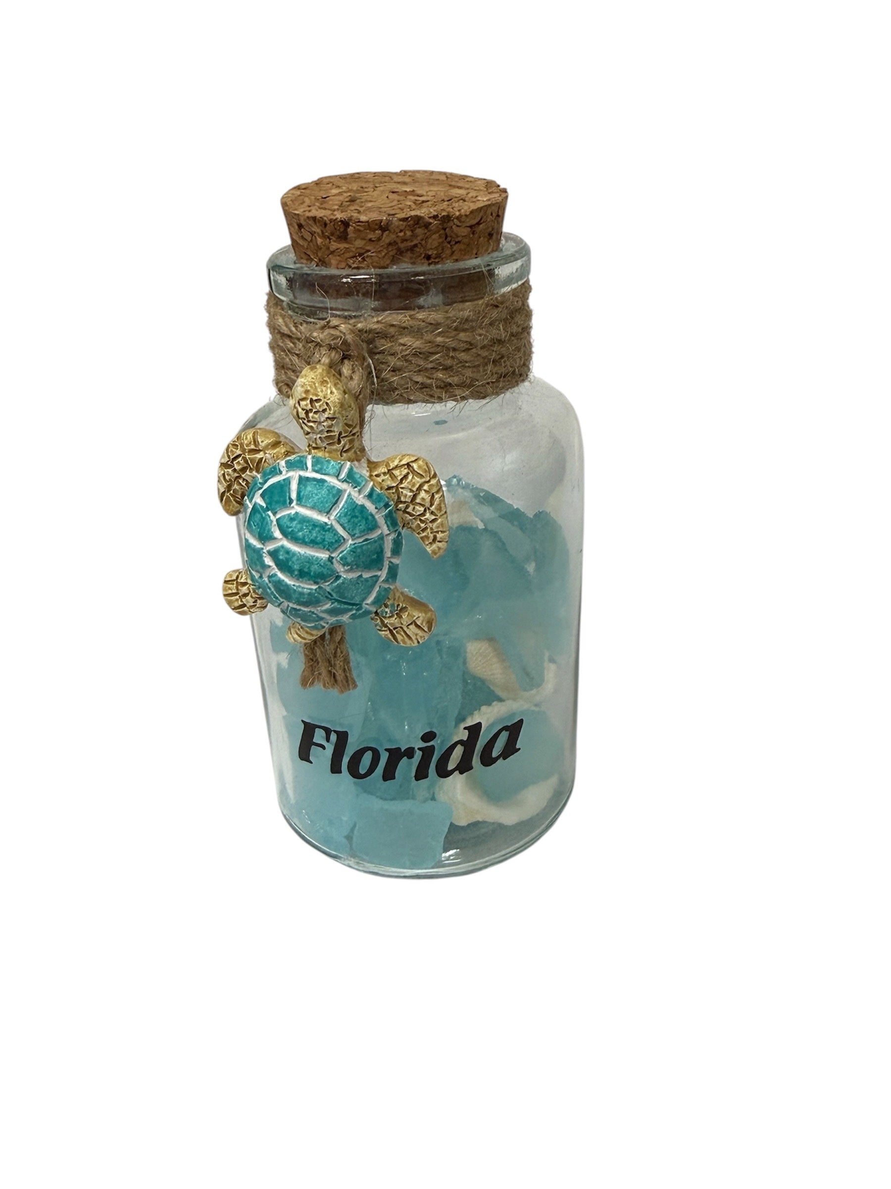 Sea Glass & Shells in Bottle w/ Turtle Charm 4.5"