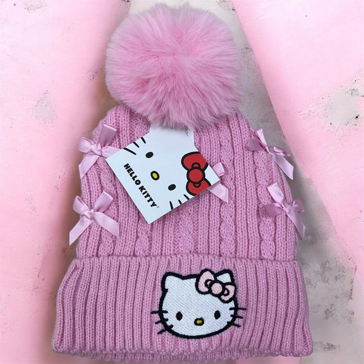 Hello Kitty 2PC Pink Stain Bow Hat and Gloves Set