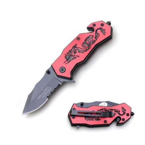 "Dragon Strike" Red Black Spring Assist Rescue Style knife