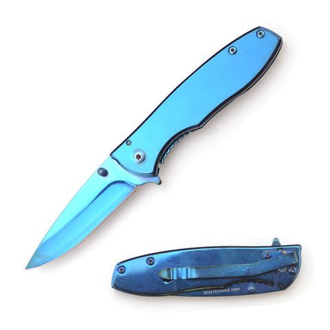 Aluminum Mirror Polish Ti Coated Spring Assist Knife Blue