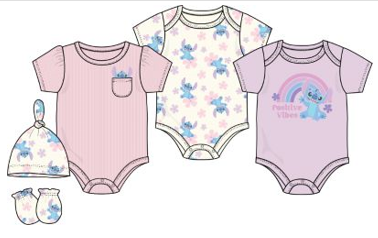 Disney Baby Girls Stitch 3Pk Bodysuits, Hat & Mittens Set