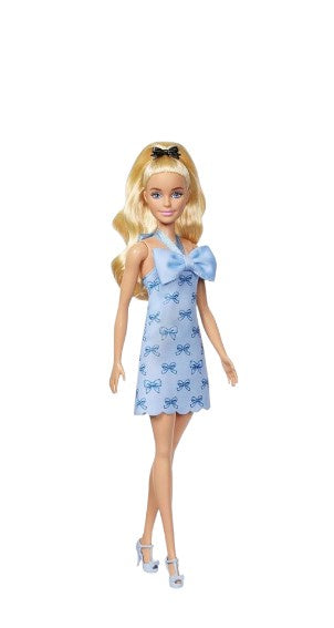 Barbie w/ Wavy Blonde Ponytail Wearing Blue Bow Halter Dress