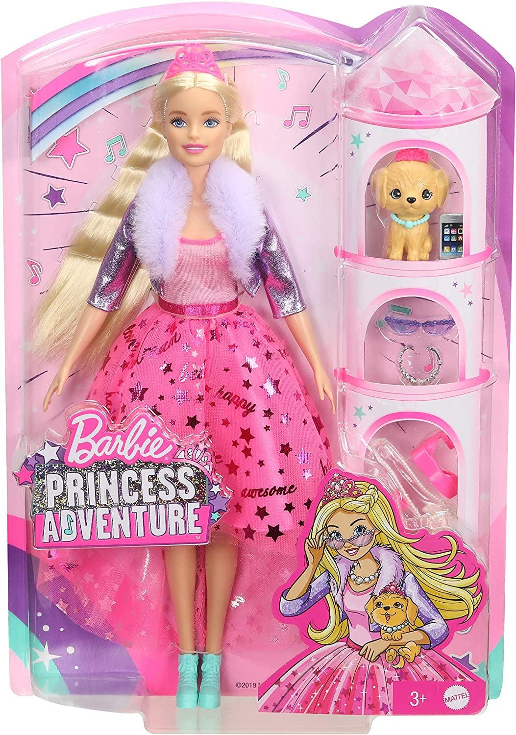 Barbie Princess Adventure Doll in Princess Fashion (12-in Blonde) Barbie Doll with Pet Puppy, 2 Pairs of Shoes, Tiara and 4 Accessories, for 3 to 7 Year Olds