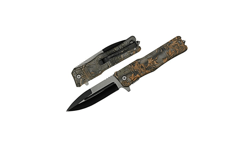 Camo Handle Glass Breaker Folding Knife With Pocket Clip 4.75"