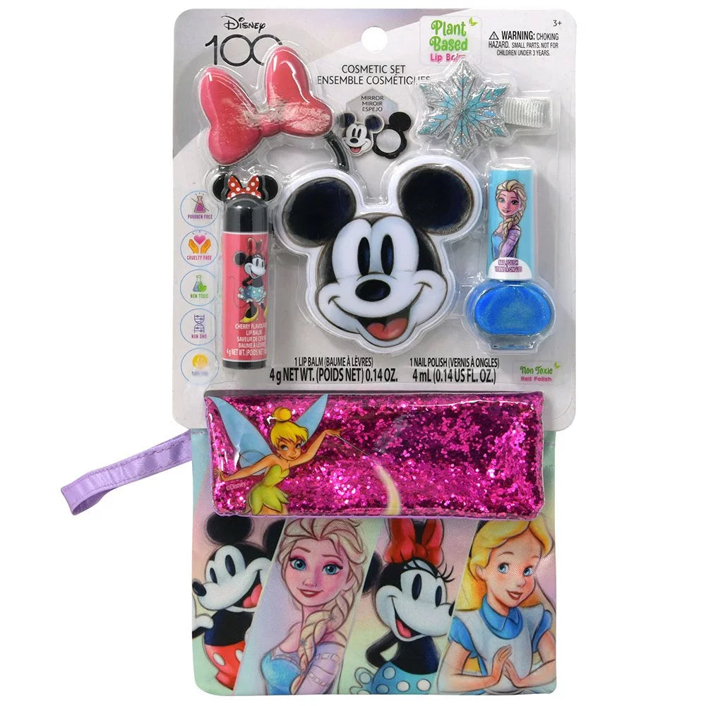 Disney 100 Cosmetic Ensemble Lip Balm, Nail Polish, Compact Mirror with Zipper Bag