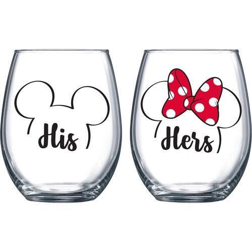 Disney Minnie and Mickey Mouse Hearts Stemless Wine Glasses | Set of 2
