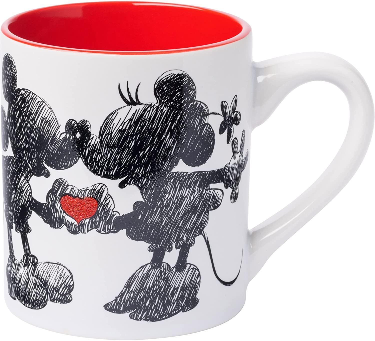 Disney Mickey and Minnie Mouse Heart Hands 14oz Glitter Handle Glass Mug