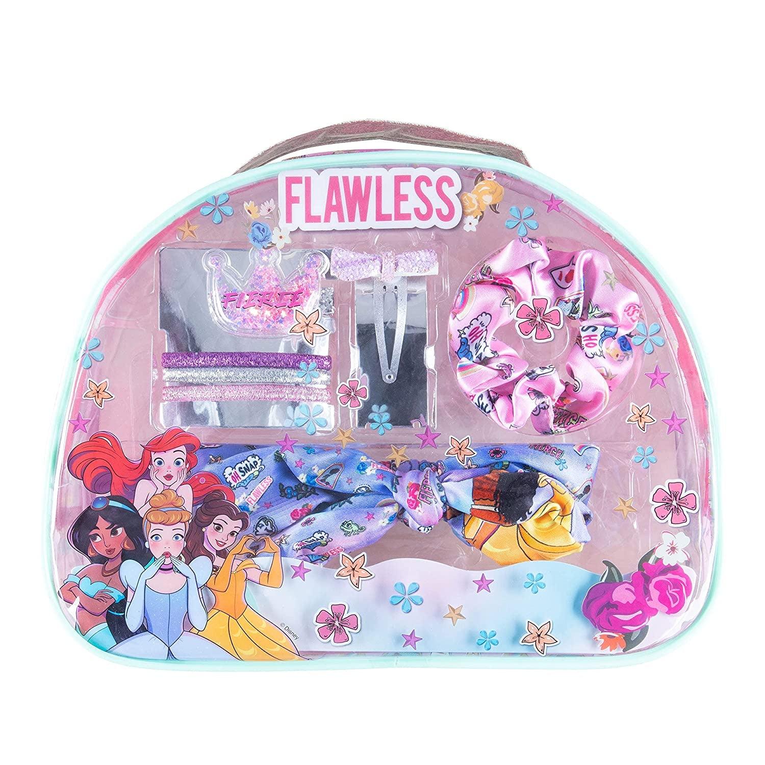 Disney Princess Hair Accessories Handbag - Exclusive Princess Accessory Bag - 7 Pcs Hair Styling Set - 2 Hair Clips - 1 Graphic Designed Scrunchie - 3 Sparkly Pony Holders
