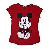 Disney Red V-Neck Mickey Sitting Head on Hands Fitted Shirt