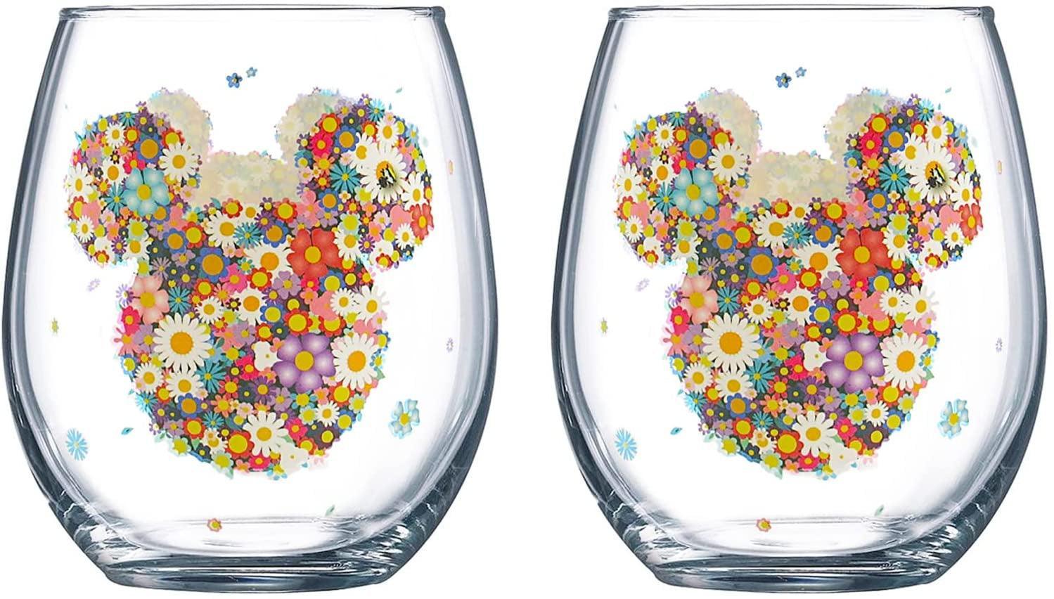 Floral Mickey Mouse Stemless Drinking Glasses 14.5 oz, 2 Pack