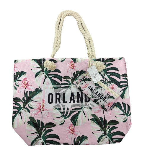 Orlando Beach Bag Jungle Leaves w/ Pouch Pink