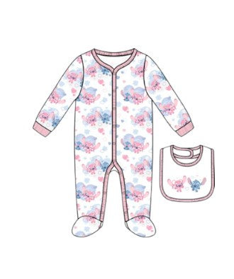 Disney Stitch & Angel Newborns Girls Footies w/Bib White