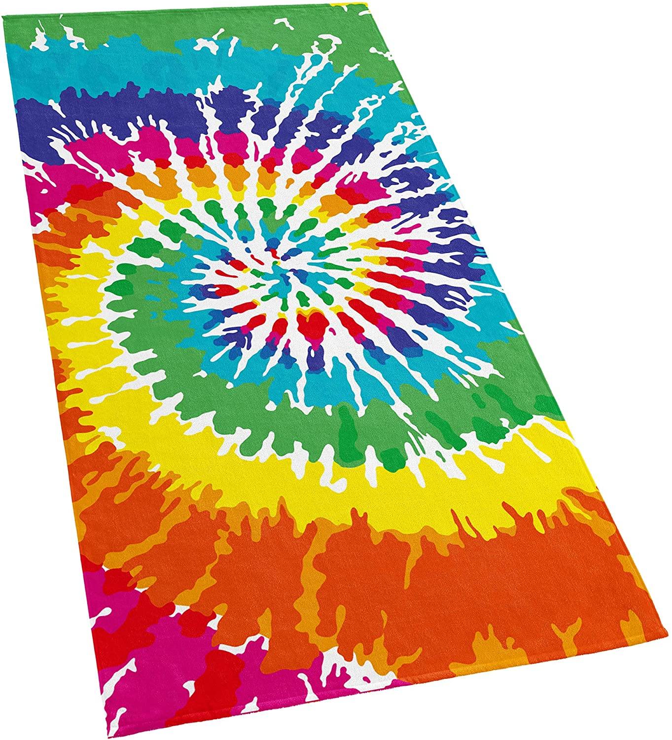 Tie Dye Beach Towel 30 x 60 inches 100% Cotton Velour Rainbow