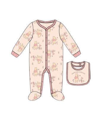 Disney Winnie the Pooh Newborns Girls Footies w/Bib Peach