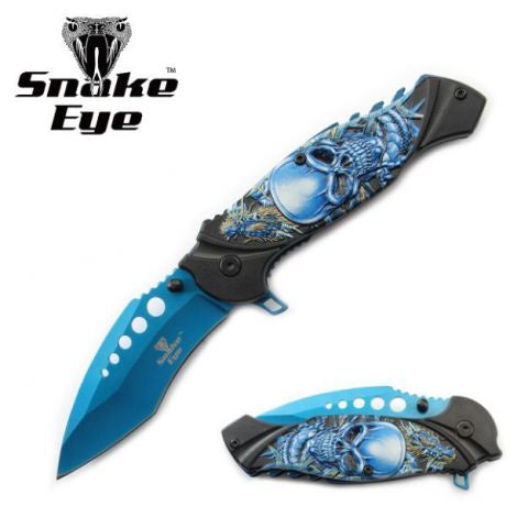 3D Blue Skull Tactical Spring Assist Knife 4.5