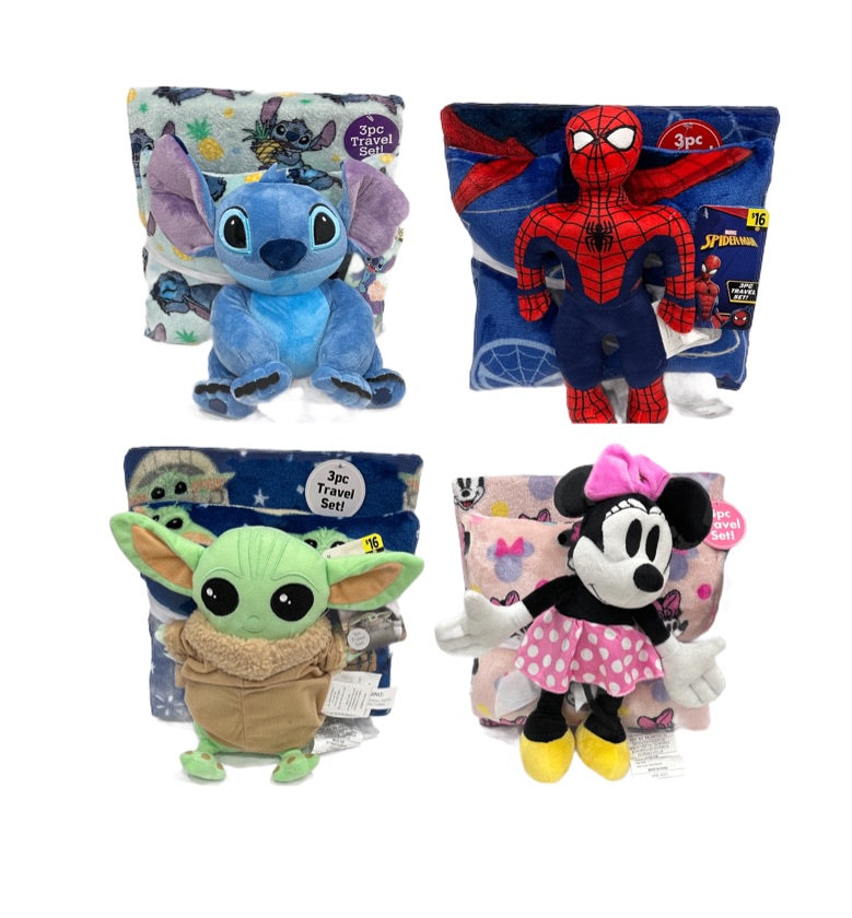 3pc Travel Set, Blanket, Pillow and 10”-12” Cartoons Plush Asstd