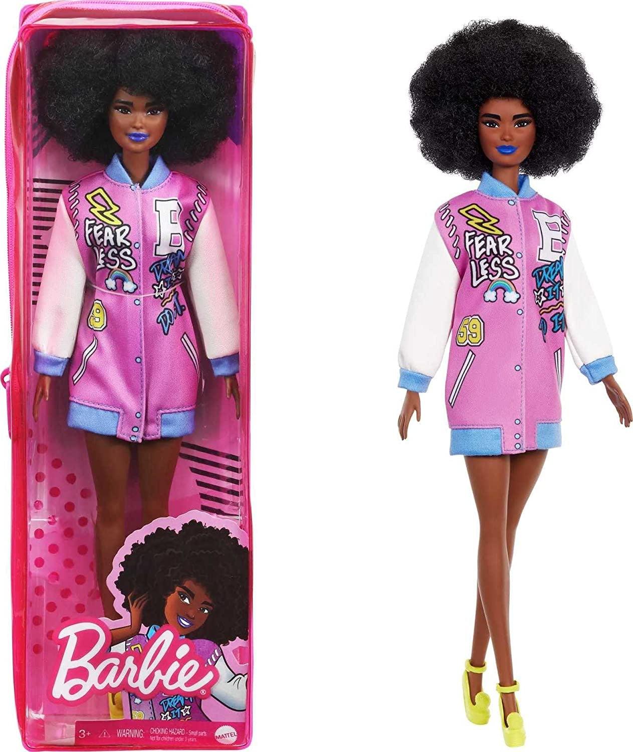 Barbie Fashionistas Doll #156 with Brunette Afro & Blue Lips Wearing Graphic Coat Dress & Yellow Shoes