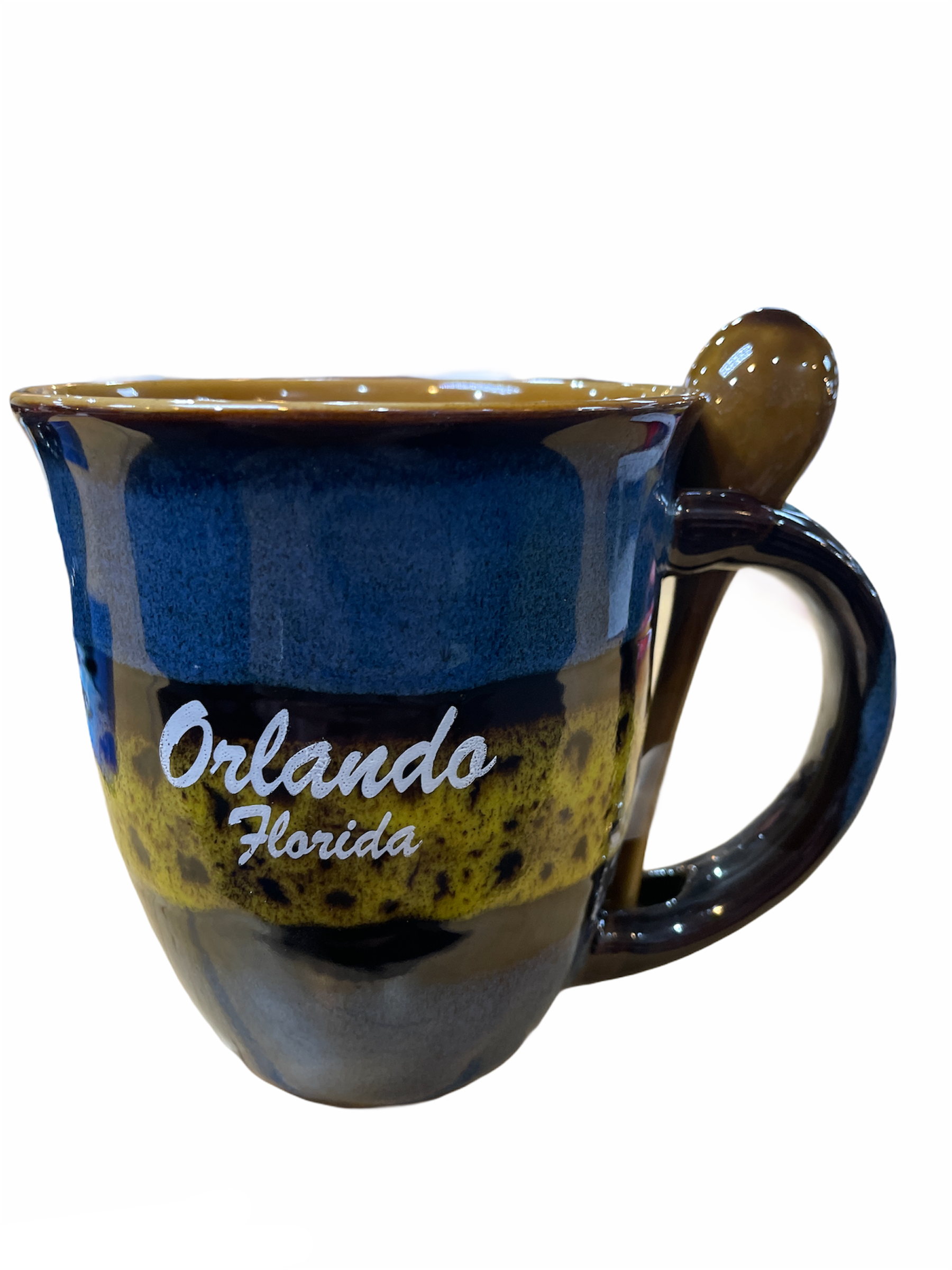 Ceramic Glazed Mug With Spoon Blue Yellow
