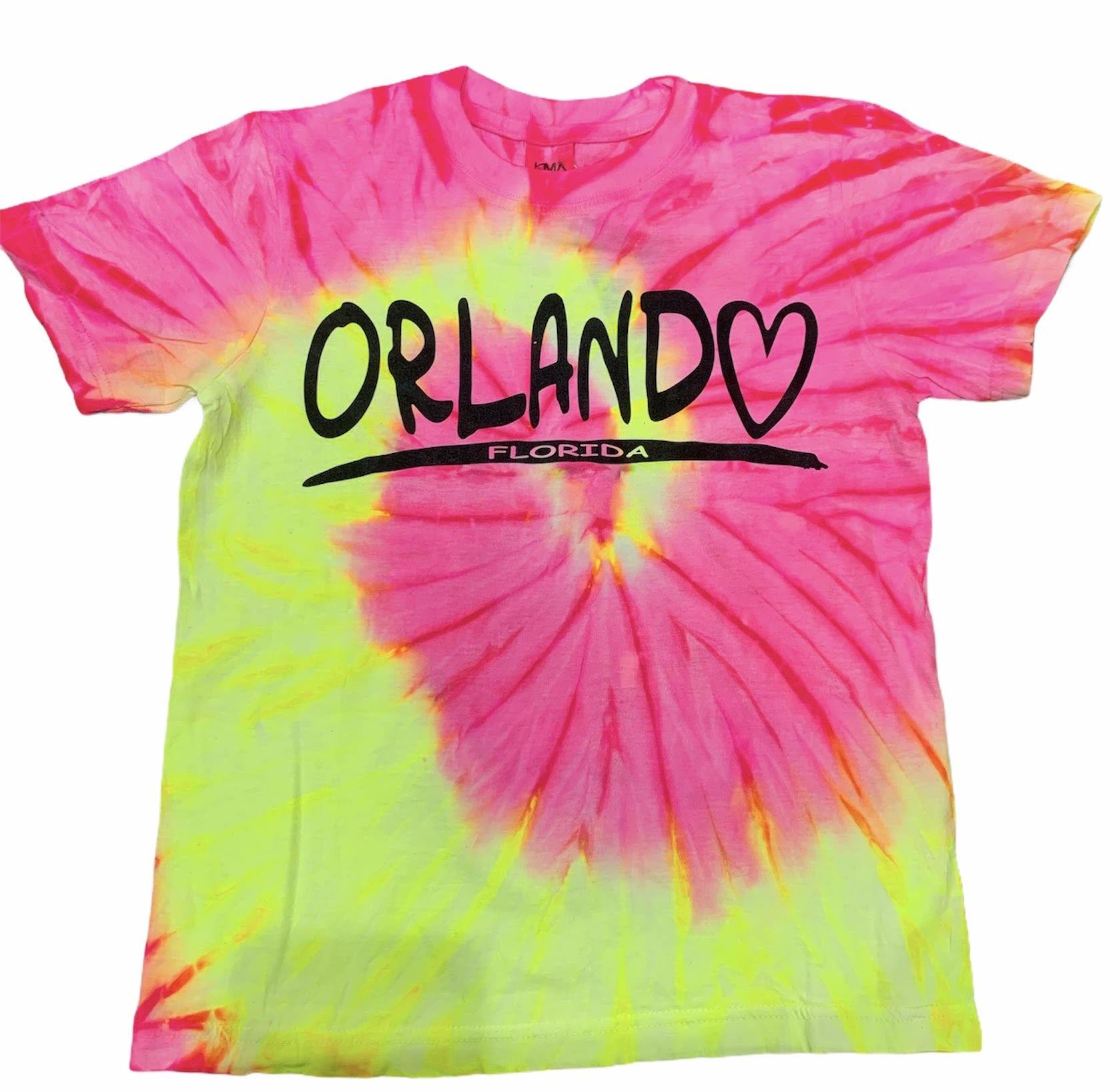 Kids Tie Dye Flo Pink Yellow T-Shirt Orlando Heart Black