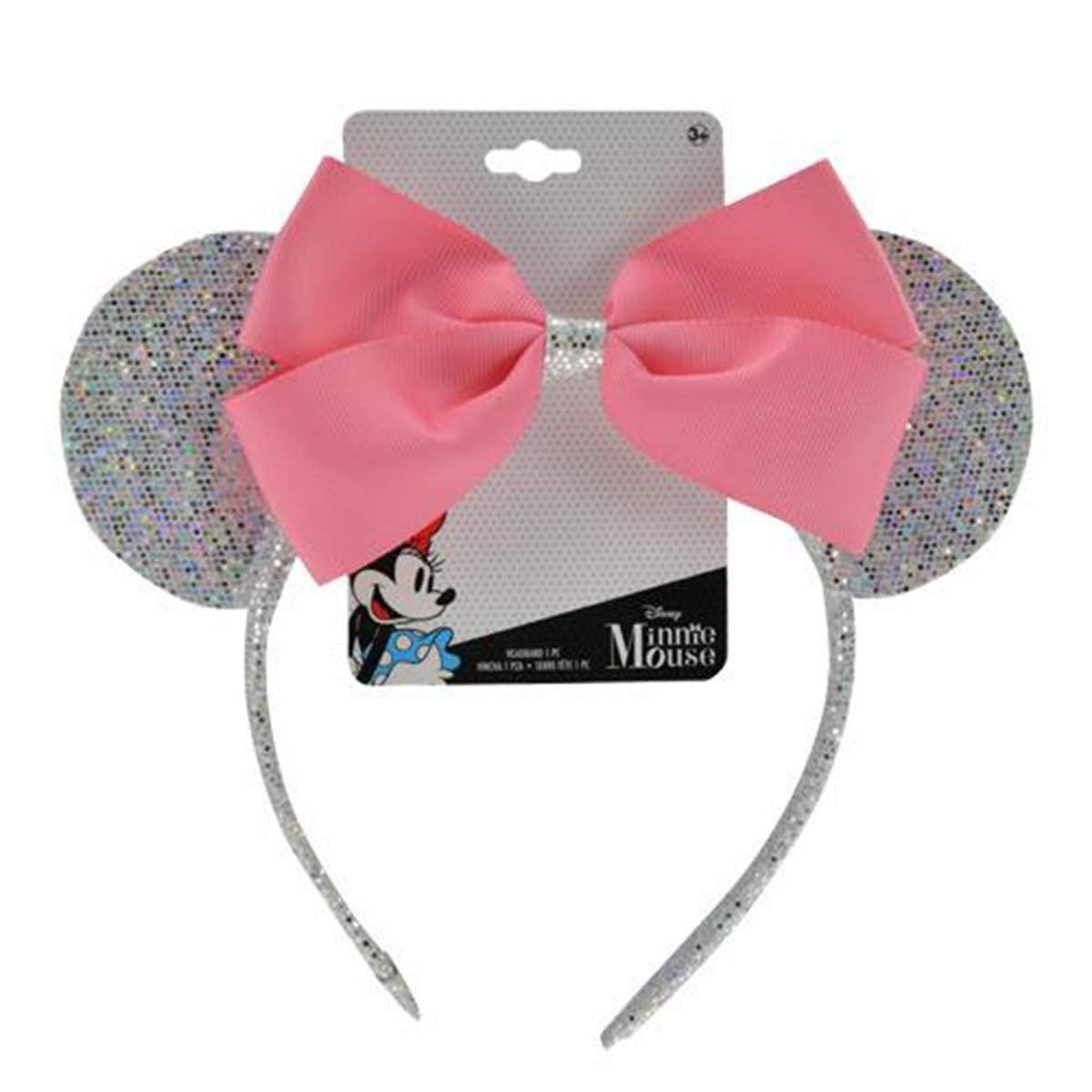 Minnie Bowtique Ear Shaped Silver Headband With Pink Ribbon Bow On Header