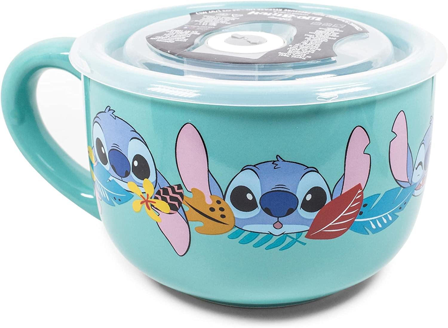 Silver Buffalo Lilo and Stitch Aloha Multi Face 24oz Ceramic Soup Mug with Vented Plastic Lid, blue