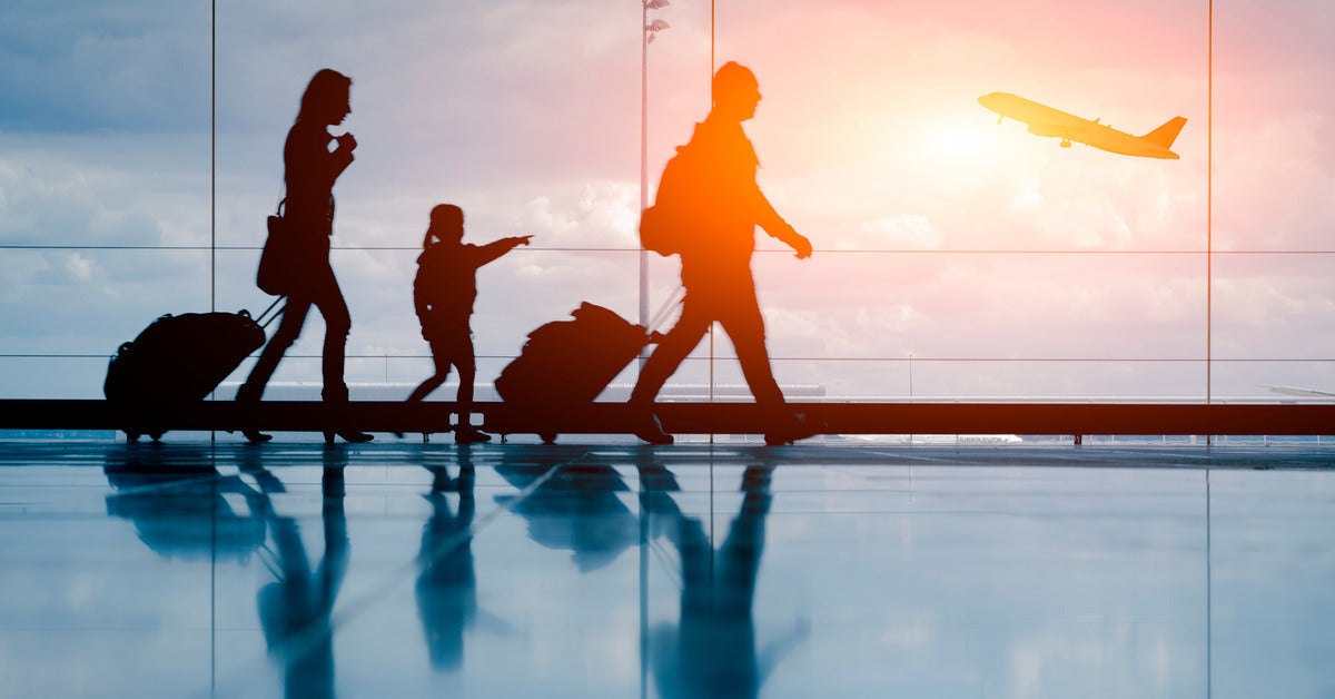 Two parents and their child walk with their luggage in an airport while a large plane is visible in the air beside them.