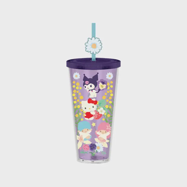 Sanrio Hk And Friends Floral Collage 24oz Plastic Cold Cup w/ Lid and Topper Straw