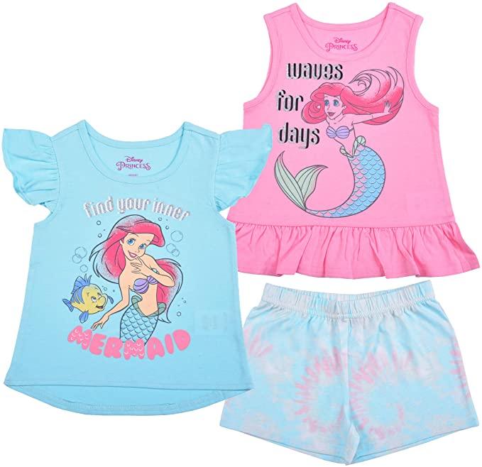 3 Pack Disney Little Mermaid Girl's Ariel Short Sleeves Tee, Sleeveless Shirt and Shorts Set