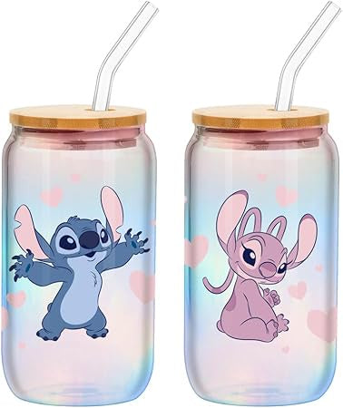 Disney Lilo and Stitch Featuring Angel Valentine's Day Couple 2 Pack Iridescent Glass Jar Tumbler with Bamboo Lid and Glass Straw, 16 Ounces