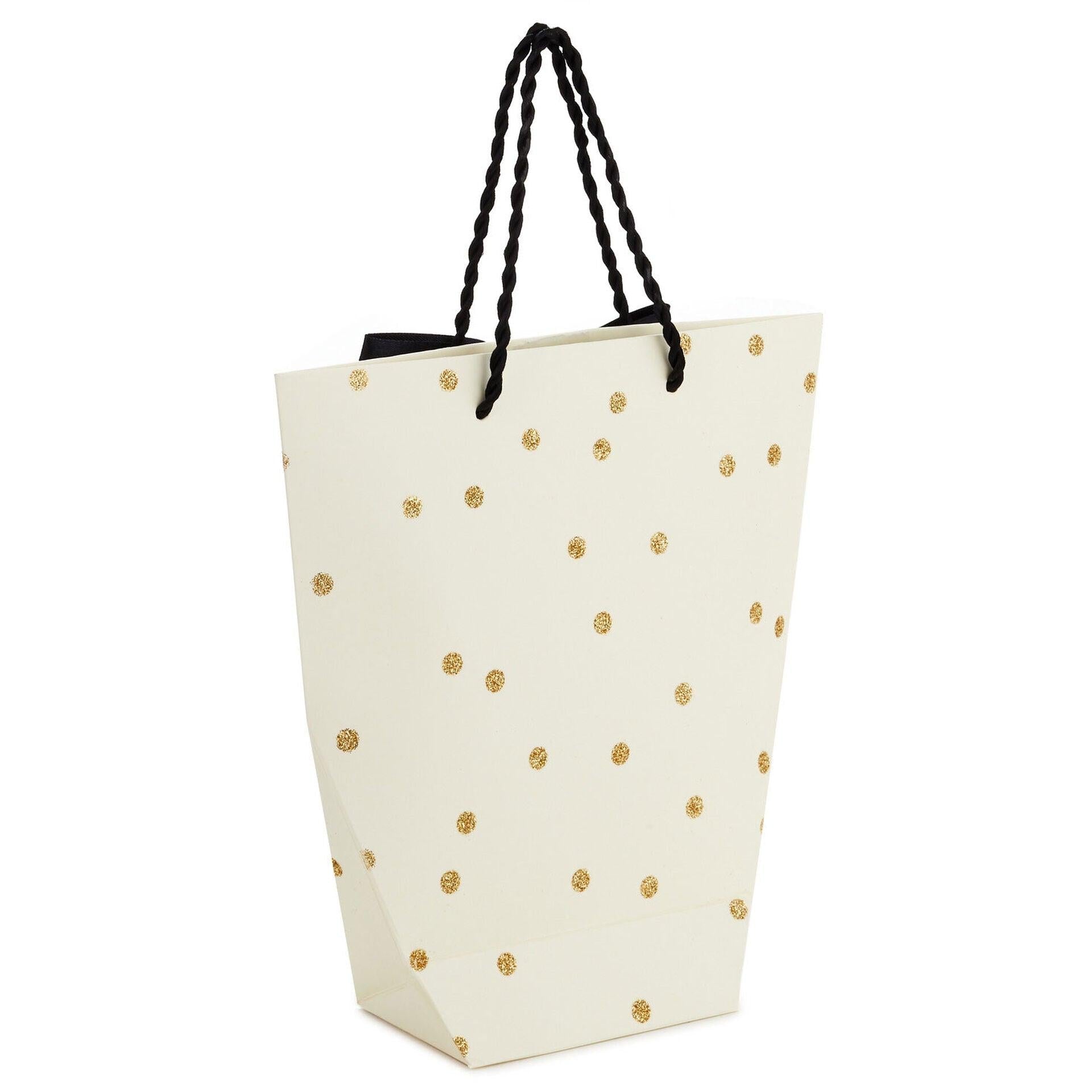 7.7" Gold Glitter Dots on White Medium Angled Gift Bag