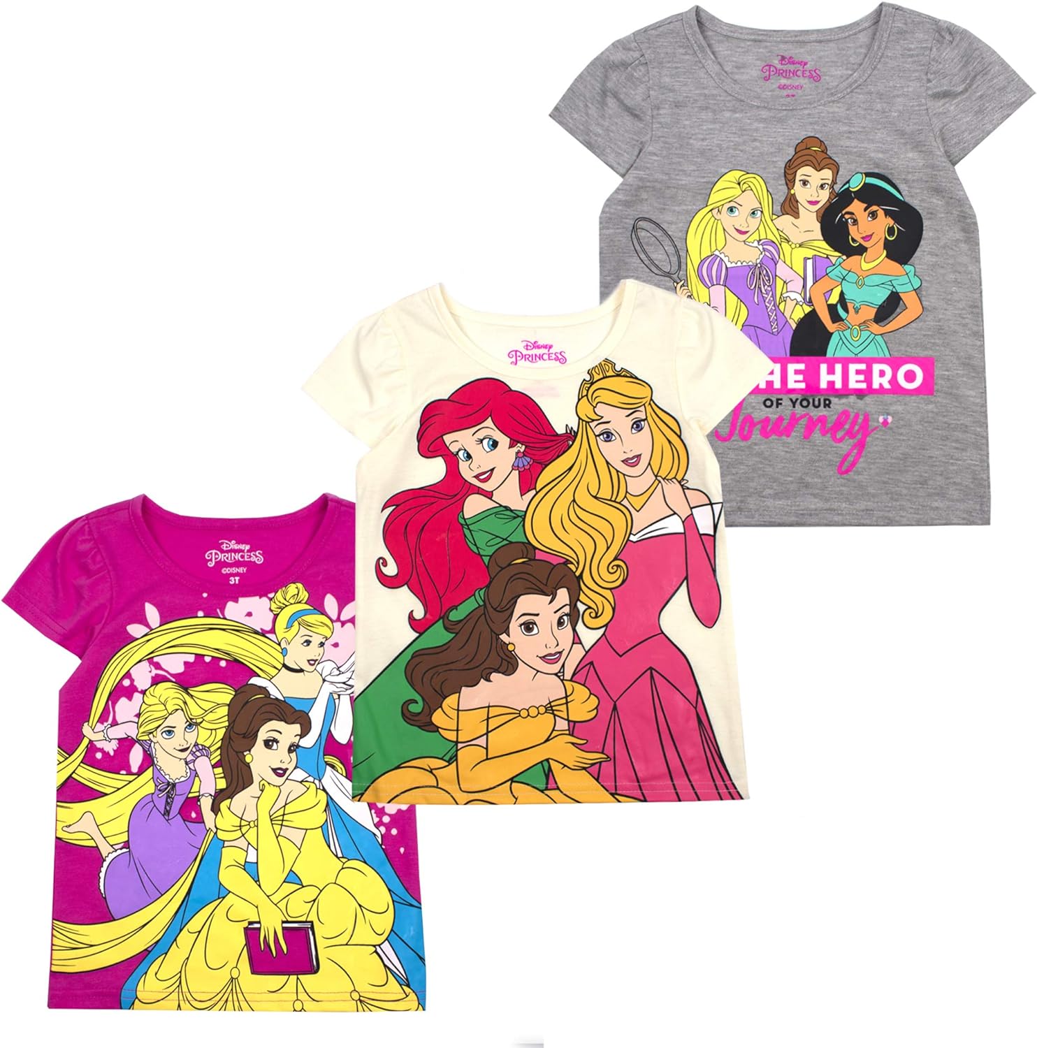 Disney Princess Graphic 3-Pack T-Shirt Set - White/Pink/Grey