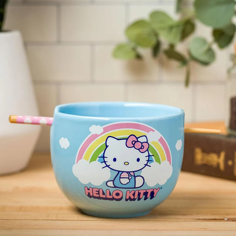 Sanrio Hello Kitty Seize The Moment Rainbow 20oz Ceramic Ramen Bowl with Chopsticks