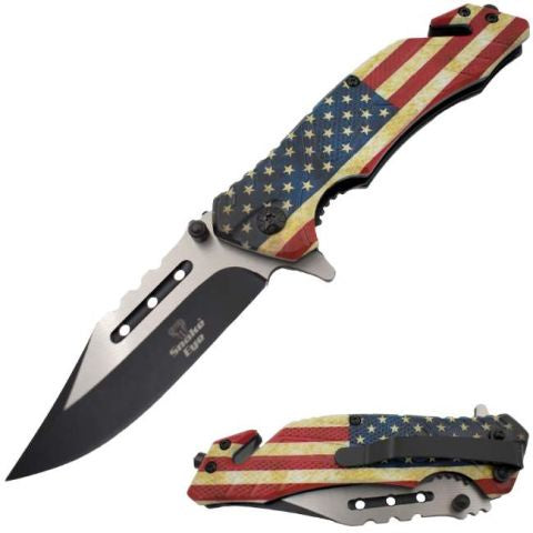 Tactical American Flag Rescue Style Spring Assist knife
