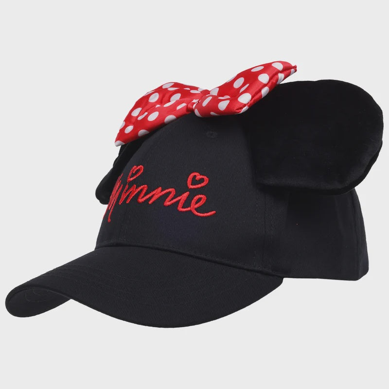Disney Minnie Mouse Black Ear Hat w/Red n white Polka Dot Bow