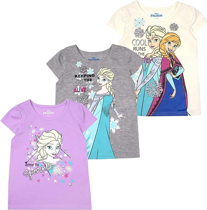 Disney Girls Frozen 3 Pack Shirts Kids- Grey/White/Purple