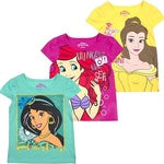 Disney Princess Girls 3 Pack Shirts For Kids- Yel/Pink/Grn