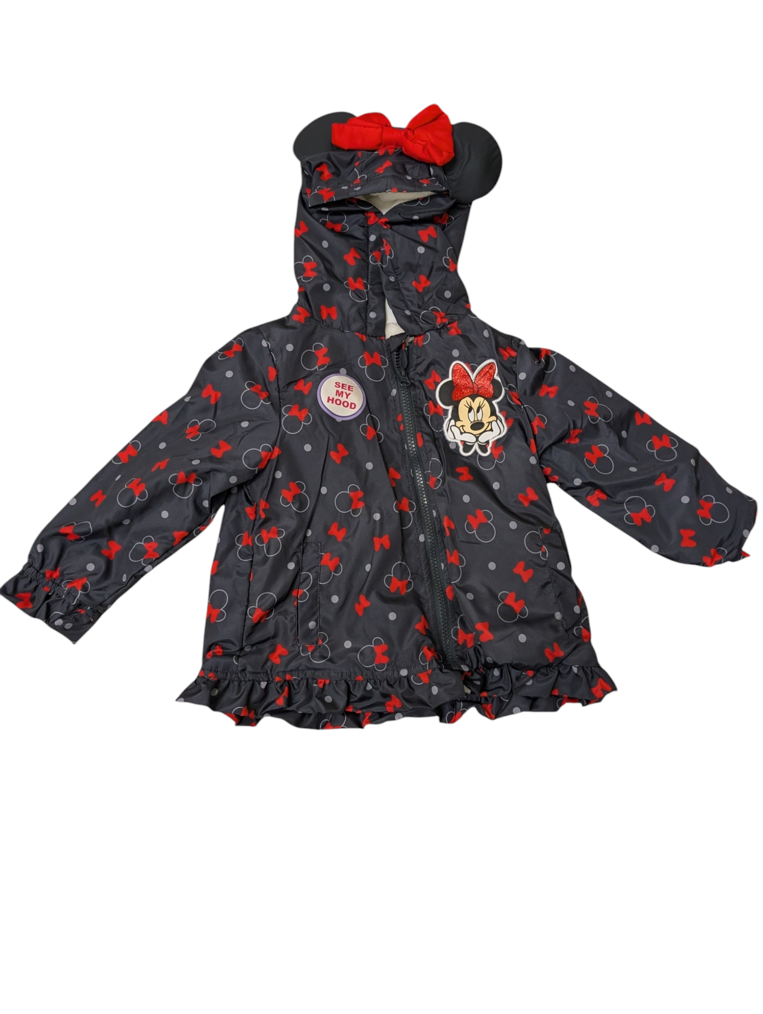 Minnie Black And Red Hooded Puffer Jacket W Ears & Bow