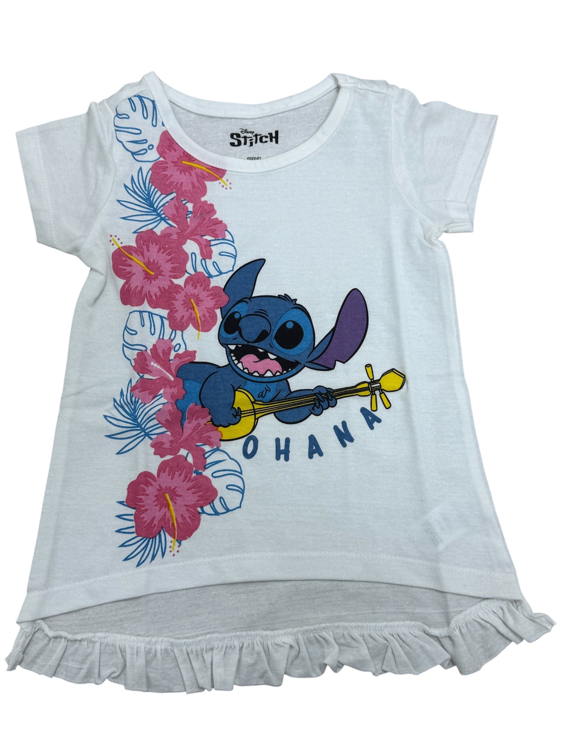 Disney Stitch w/ Ukulele Ruffle Hem White T-Shirt
